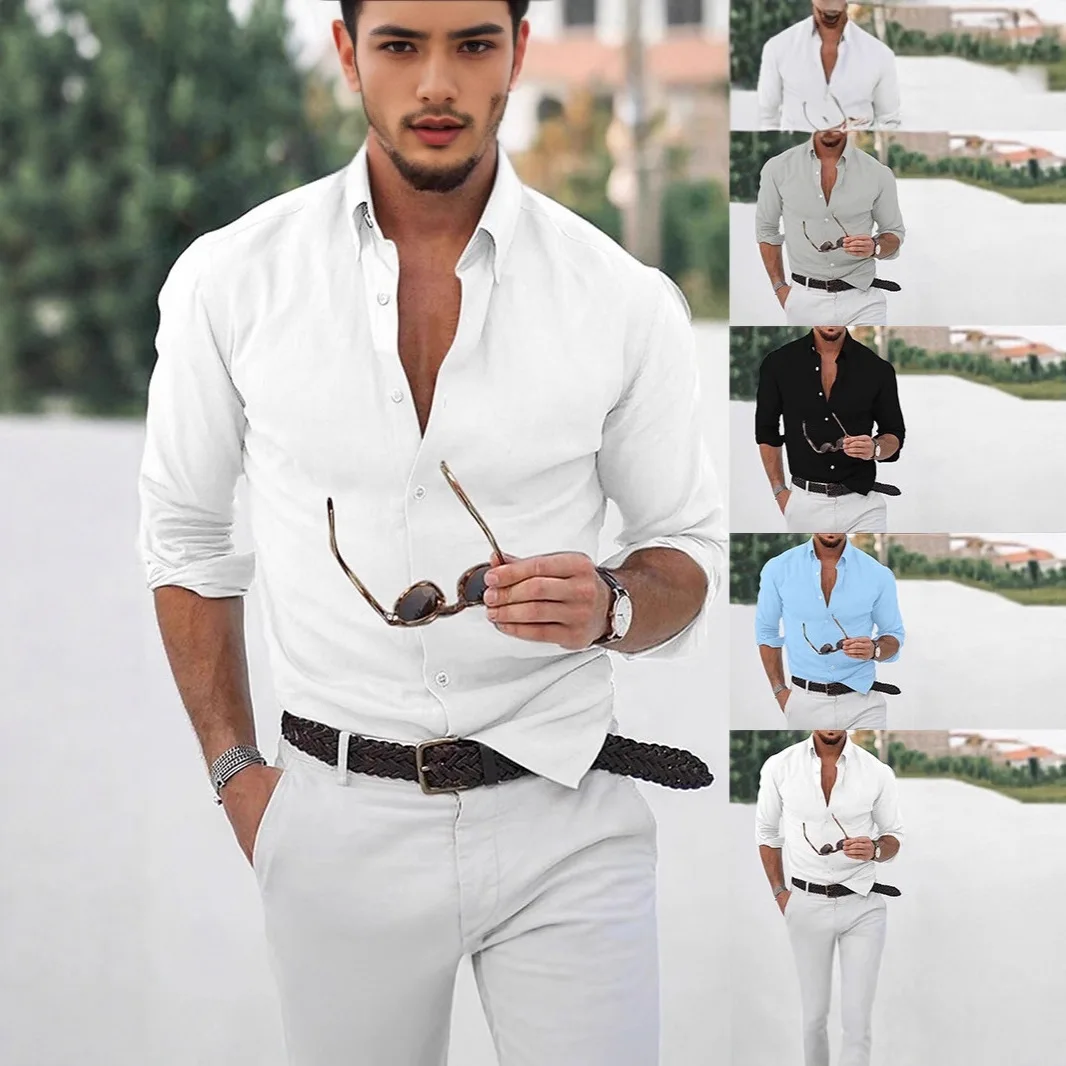 Elegant Men's Cotton Linen Long Sleeve Fashion Casual Shirt Lapel Loose Soft Comfortable Breathable Solid Color Cardigan