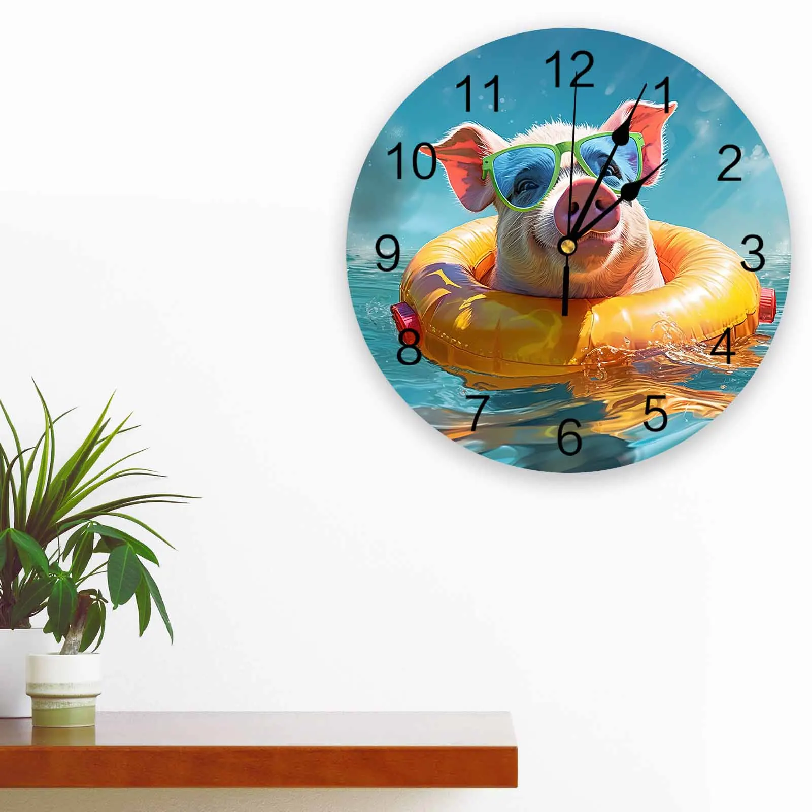 Summer Ocean Swimming Pig Sunglasses Vacation Printed Wall Clock Modern Silent Clock Living Room Home Decor Wall Hanging Watch