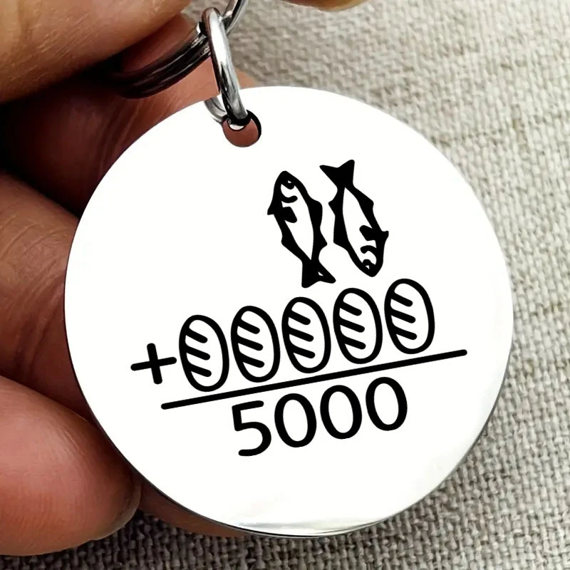 Porte-clés Miracle Feeding 5000 – Pendentif en acier inoxydable en forme de pain de poisson, cadeau de foi chrétienne pour hommes et femmes