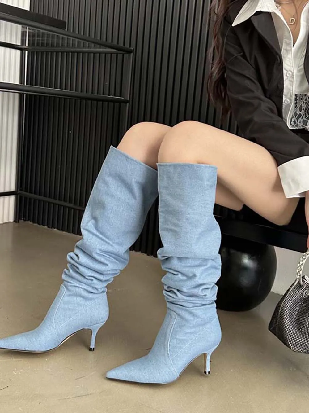 Sexy Women Over The Knee Boots Chelsea Booties Pointed Toe Blue Black White Denim Cloth Winter Dress Shoes Slip On Autumn Boots