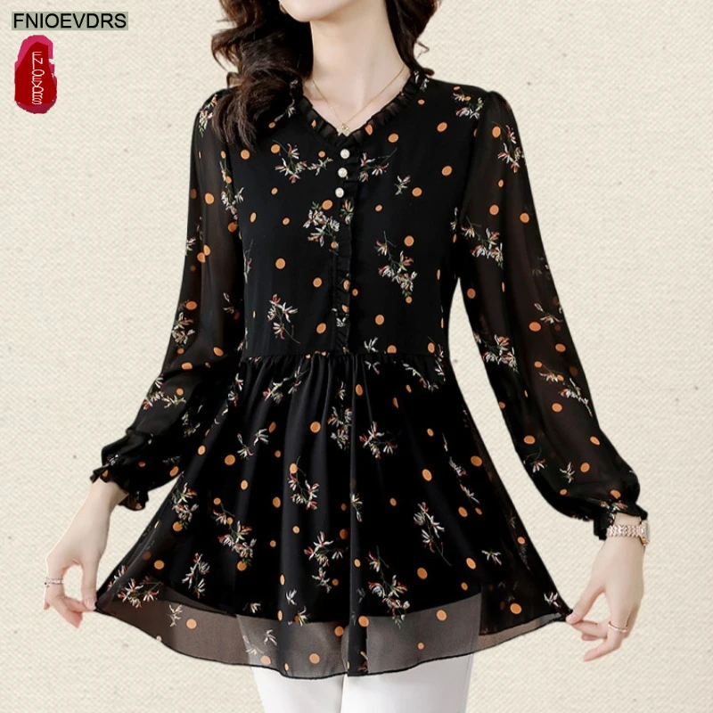 

M-3XL Loose Clothes Women 2025 Autumn Elegant Office Lady Button Basic Shirts Casual Retro Vintage Floral Black Tops Blouses