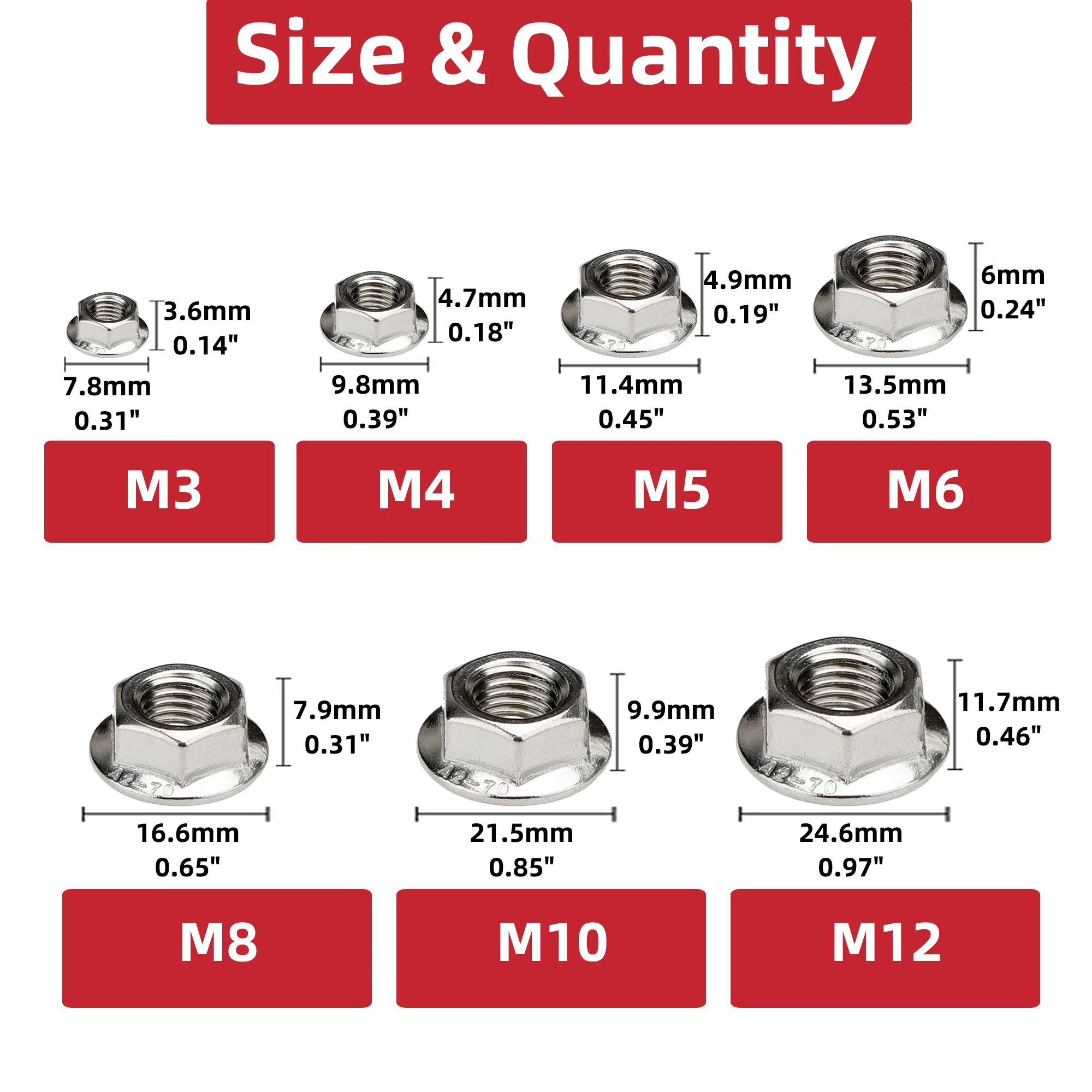 50/30/20/10PCS 304 Stainless Steel M4 M5 M6 M8 M10 M12 Hex Flange Nuts VMetric Serrated Flange Hex Lock Nuts Bright Finish,