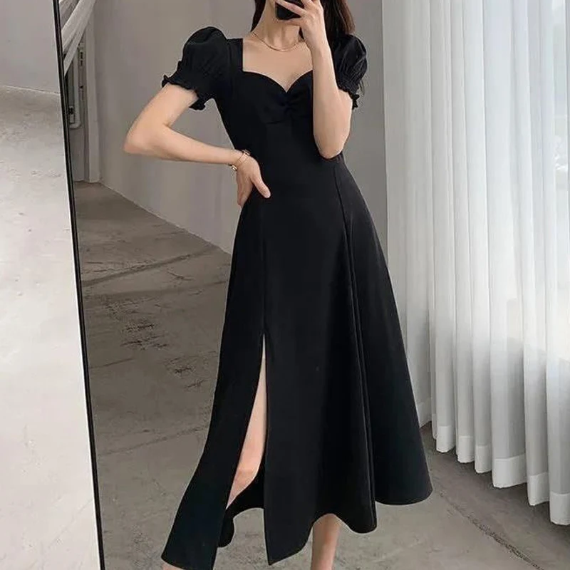 Women Sexy High Waist Split Vintage Elegant Party Dresses 2023 Summer Fashion V-Neck Short Sleeve Solid Slim Midi Dress Vestidos