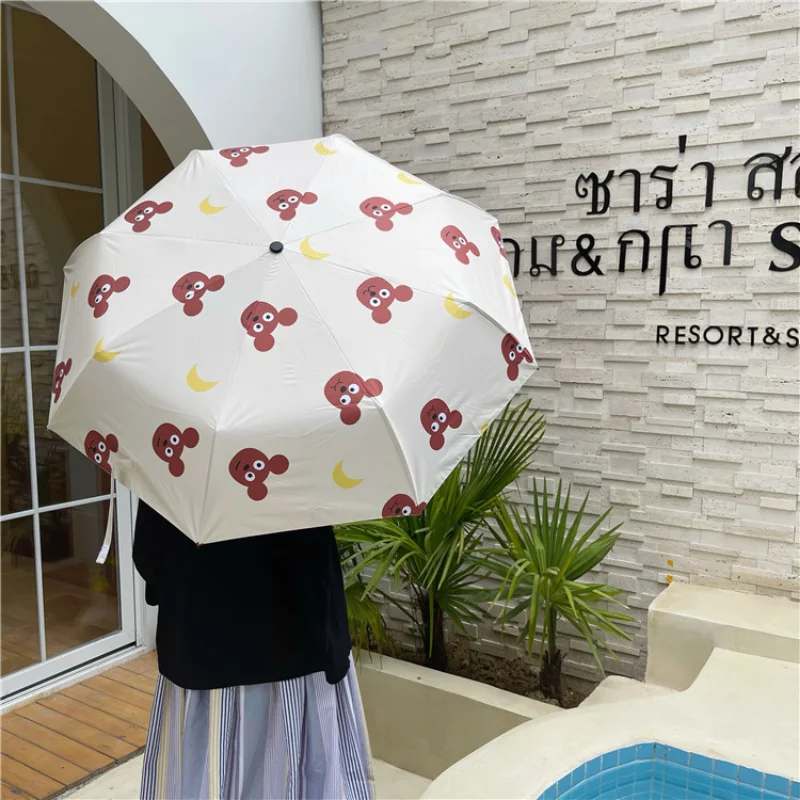 Sun Rain Dual-purpose Ultraviolet Umbrella Original Moon Bear Series Three-fold Portable Black Rubber Sunshade Umbrella