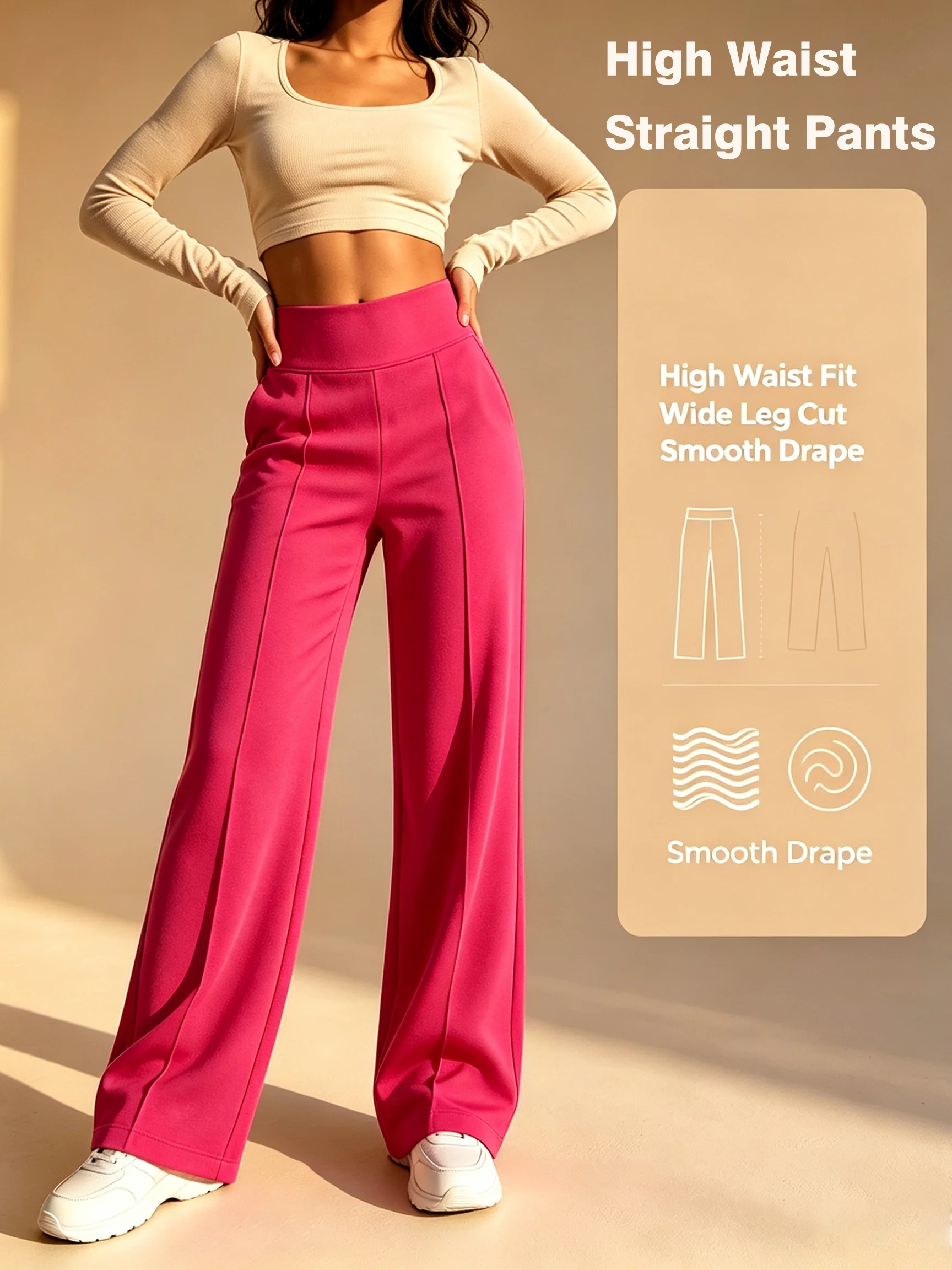 Women High Waist Straight Wide Leg Pants, Smooth Drape Casual Trousers, Slim Fit Stretch Long Pants for Daily Office Streetwear