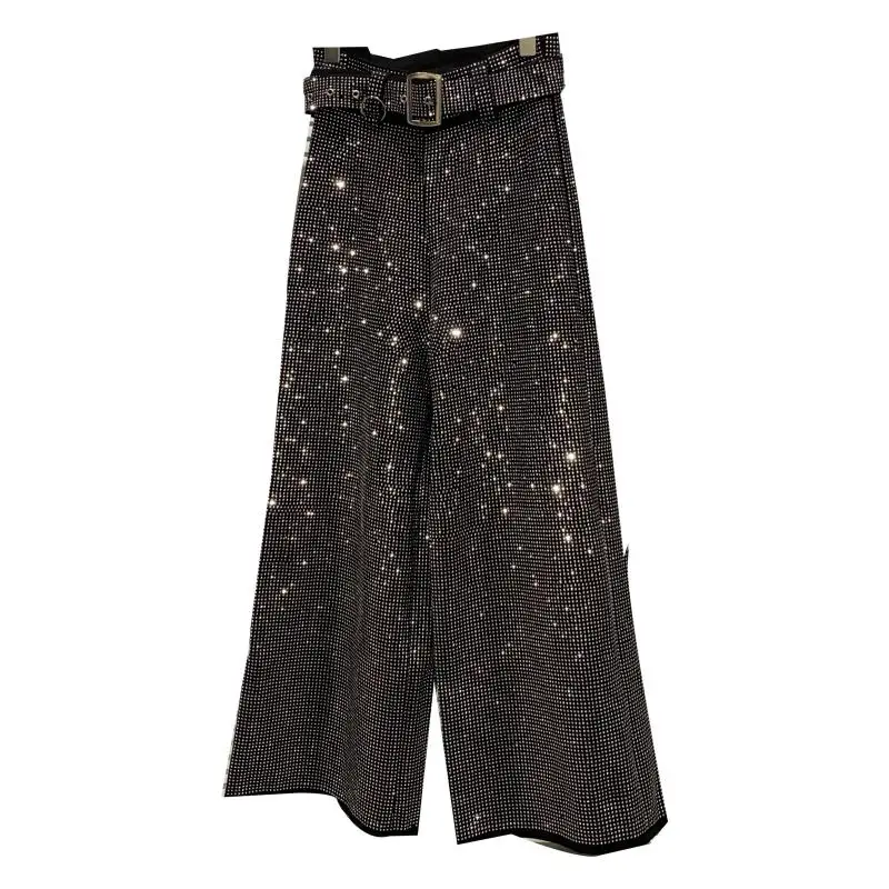 กางเกงขายาวทรงกว้างประดับคริสตัลหรูหรา ดีไซน์เข็มขัดหนัก แฟชั่นสำหรับผู้หญิง สไตล์ลำลอง รุ่นใหม่ล่าสุดประจำฤดูใบไม้ร่วง