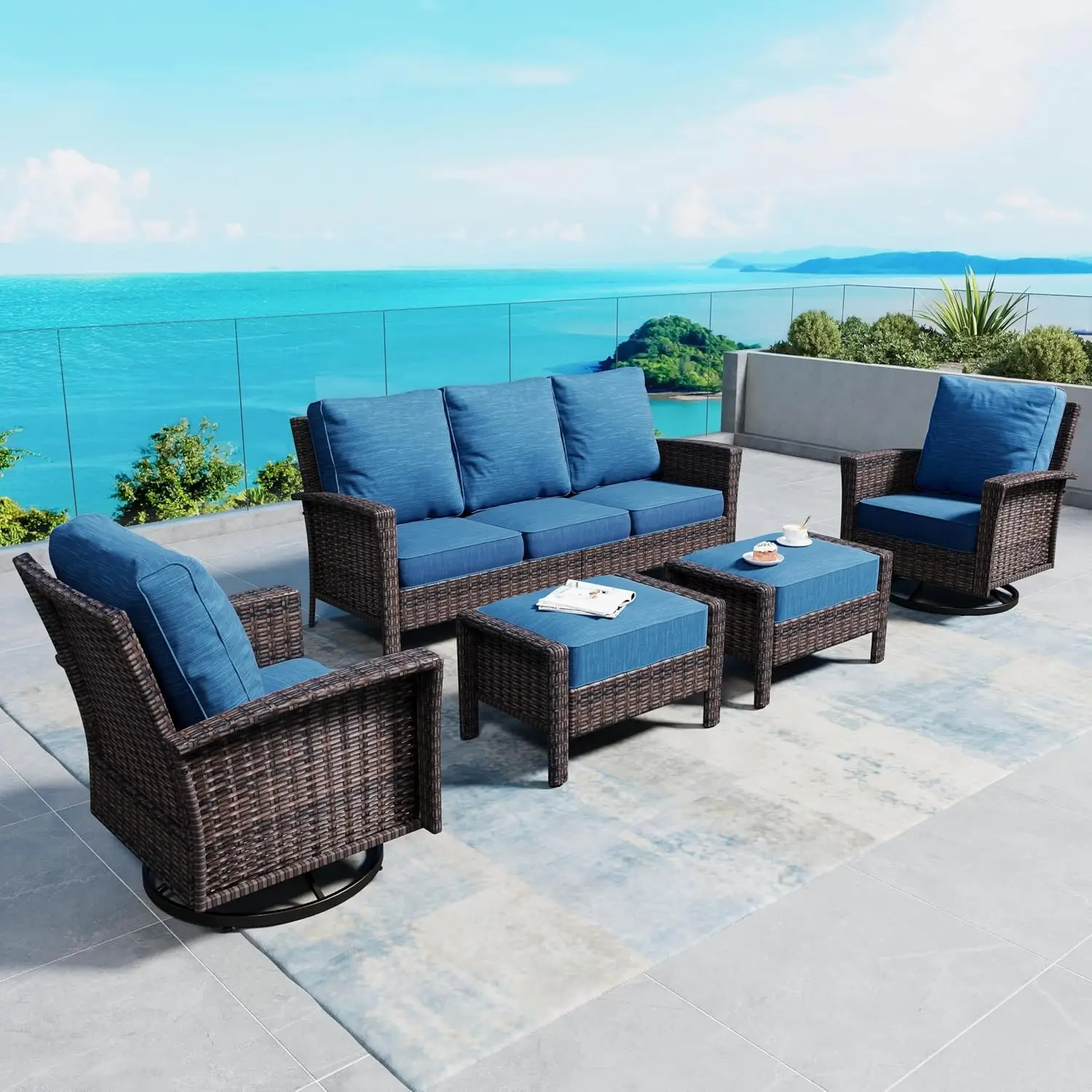 High Back Patio Sofa Set 5pcs Outdoor Garden Furniture Blue, Customized
