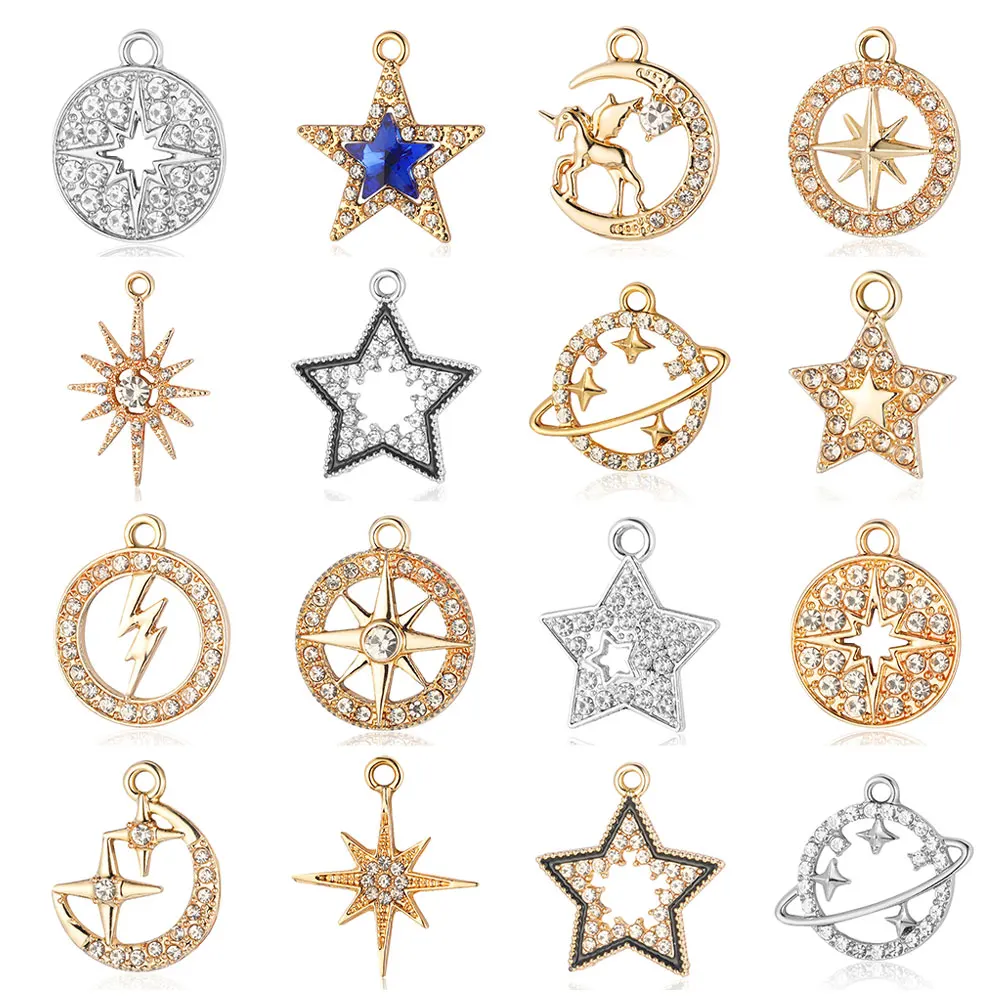 5Pcs/Lot Zinc Alloy Rhinestone Star Planet Lightning Charms Crescent Moon Sun Unicorn Round Bracelet Necklace Pendant