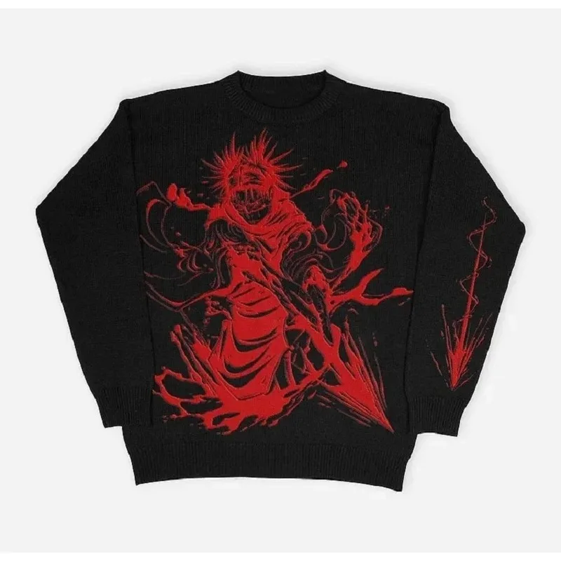 HOUZHOU Retro Japanese Anime Print Sweater Women Gothic Hip-hop Streetwear Long Sleeve Knitted Sweater Men Y2K Harajuku Pullover