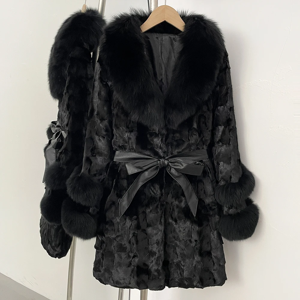 الواقع معطف الفرو للنساء منتصف طول حزام جلد فرو المنك الحقيقي شتاء جديد سميكة الدافئة الإناث الطبيعية الثعلب الفراء سترة الإناث #3