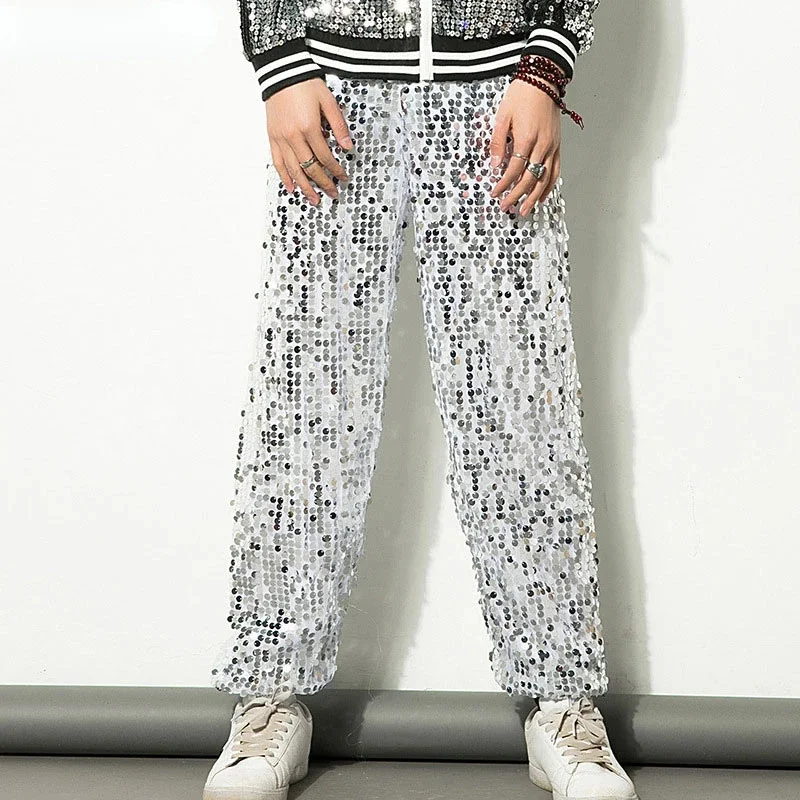 Shiny Silver Sequin Dance Streetwear Sweatpants 2024 New Disco Party Stage Trousers Men Prom Singer Costume