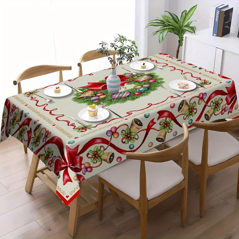 Christmas Pine Needle Red Bow Rectangle Tablecloth Winter Xmas Holiday Party Dining Room Table Cloths Navidad Decorations 2025