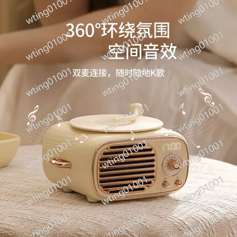 for Retro Core Bluetooth Speaker with Mic Wireless Karaoke Vinyl Record Player Clock Alarm Desktop Stereo Sound System