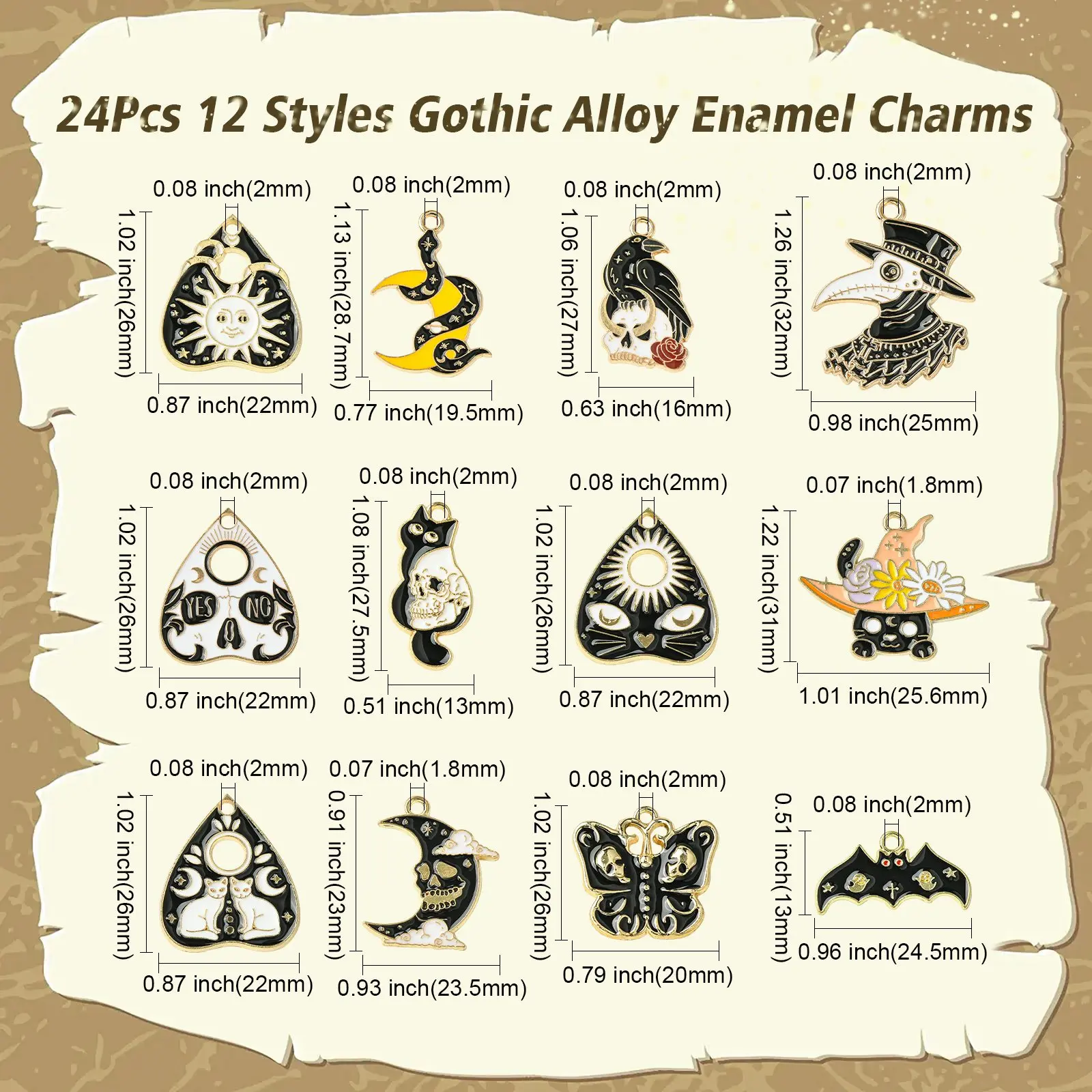 Pandahall 24Pcs Mixed Styles Gothic Enamel Charms Black Heart Raven Crow Charms Tarot Board Charms for Jewelry Making