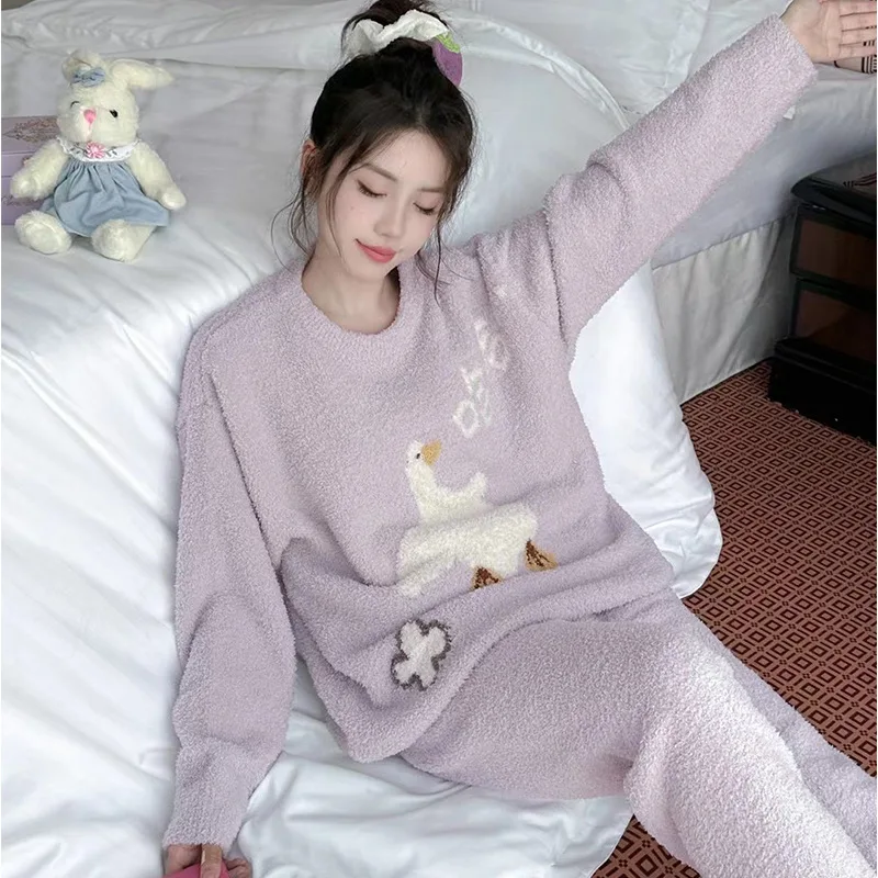 Soft And Fluffy Women's Sleepwear, Autumn Winter Long Pants, Sleeves, Big White Goose Print Home Suit Set, Can Be Worn Outsi