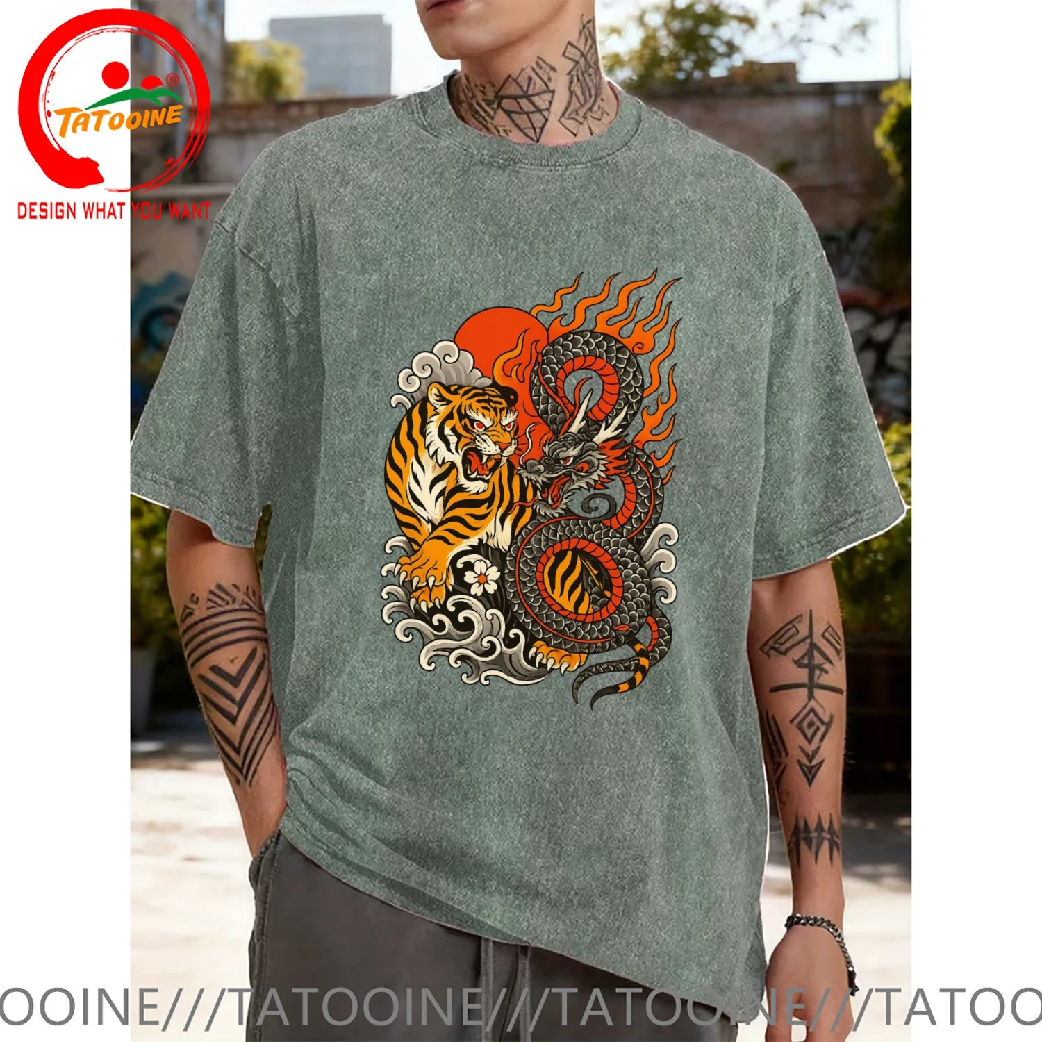 Funny Design Fiery Dragon VS Tiger Tattoo Design in Japanese Style  Shirt Men Fashion Trendy Casual Clothing Stylish Tops Tee Sh