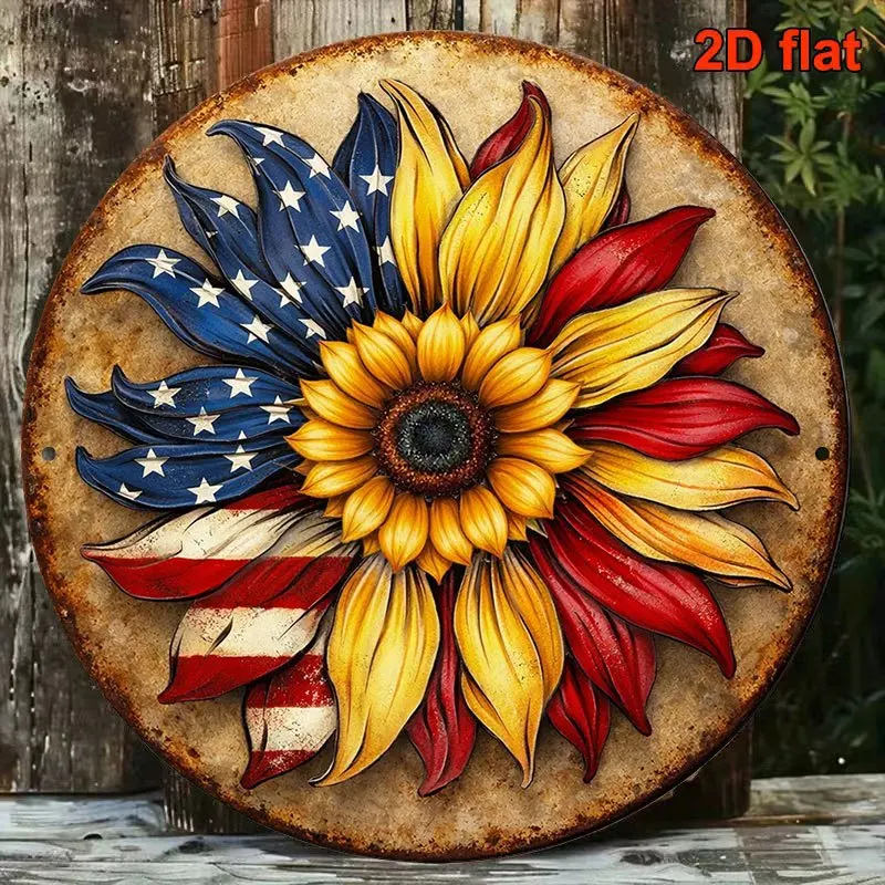 2D Flat 1pc 8X8 Inches/20X20 Cm Round Wall Hanging Sign - Retro American Flag And Sunflower Patriotic Decor for Home, Office, Ba