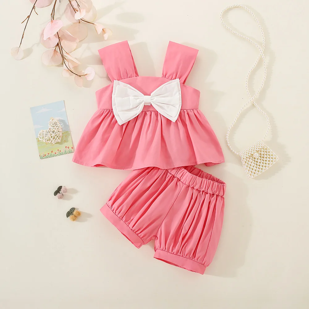 Baby Girl Outfit Set Summer Korean Style Fashion Sweet White Big Bow Solid Color Suspender Tops And Pink Loose Casual Shorts