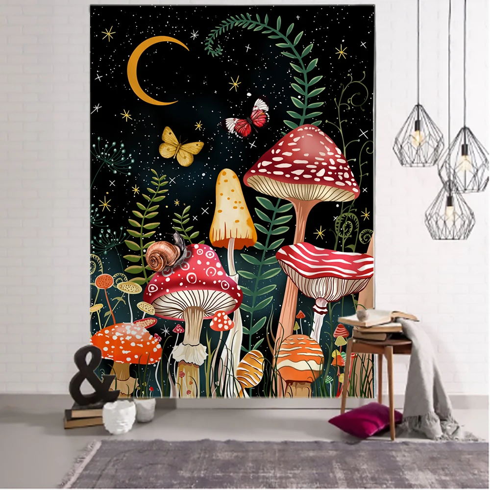 Cartoon Snail Mushroom Tapestry Wall Hanging Starry Sky Psychedelic Witchcraft Hippie Tapiz Aesthetic Room Decor