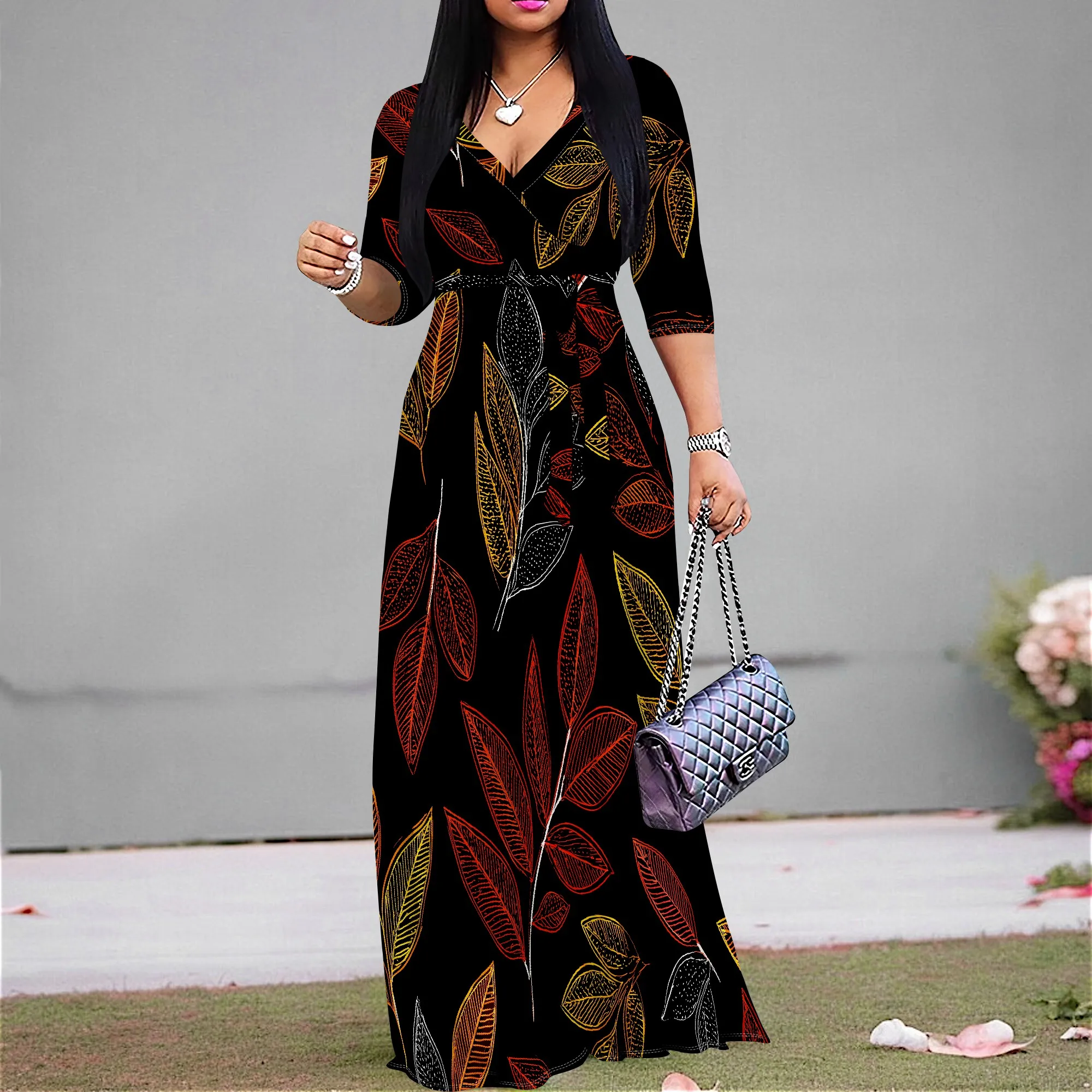 

Women's Boho Floral V-Neck Maxi Dress - Plus Size S-3XL - Autumn Vacation & Party Elegance