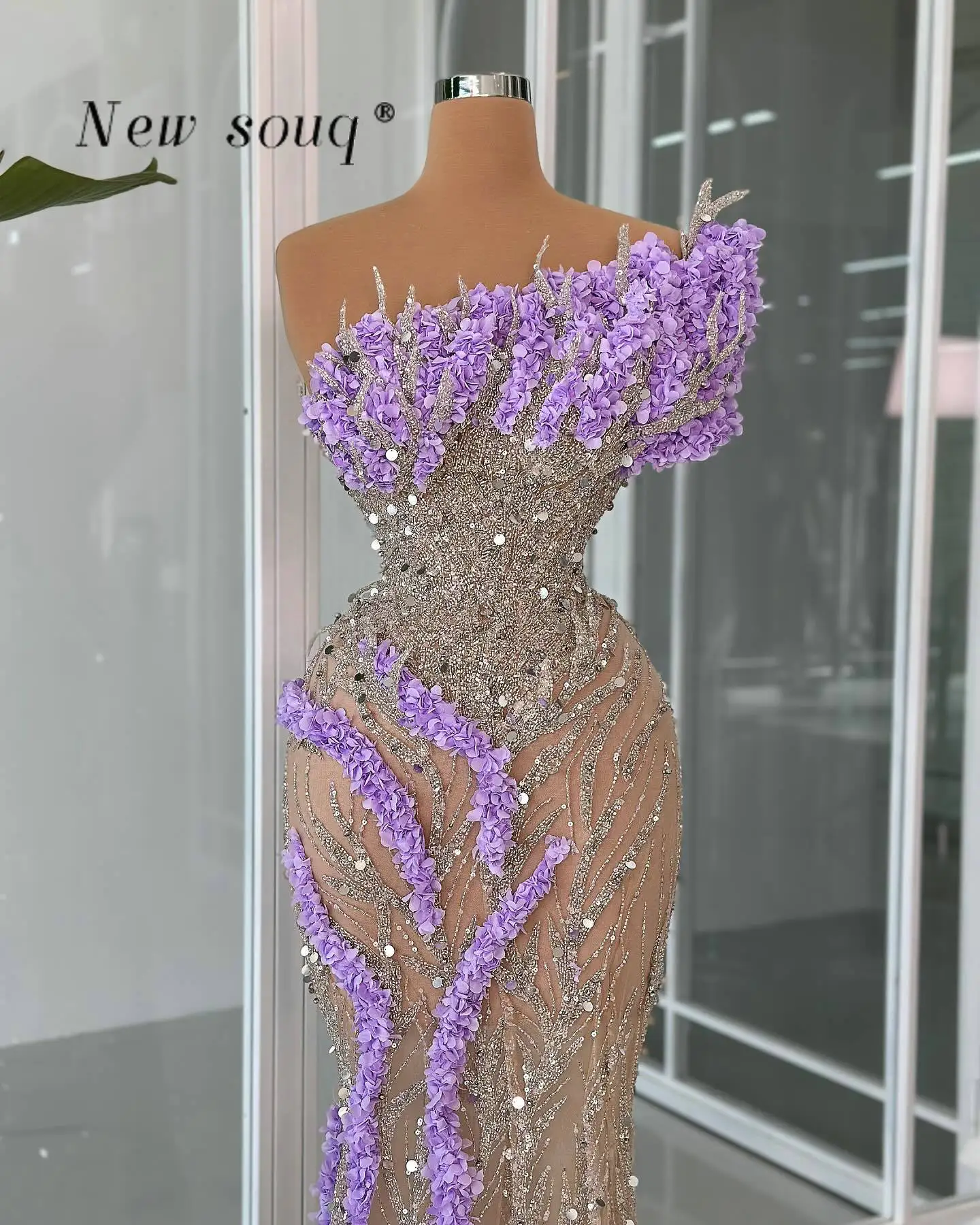 Bright Lilac One Shoulder Long Mermaid Evening Dresses High Fashion Floral Sparkly Beaded Sequins Illusion Wedding Party Gowns