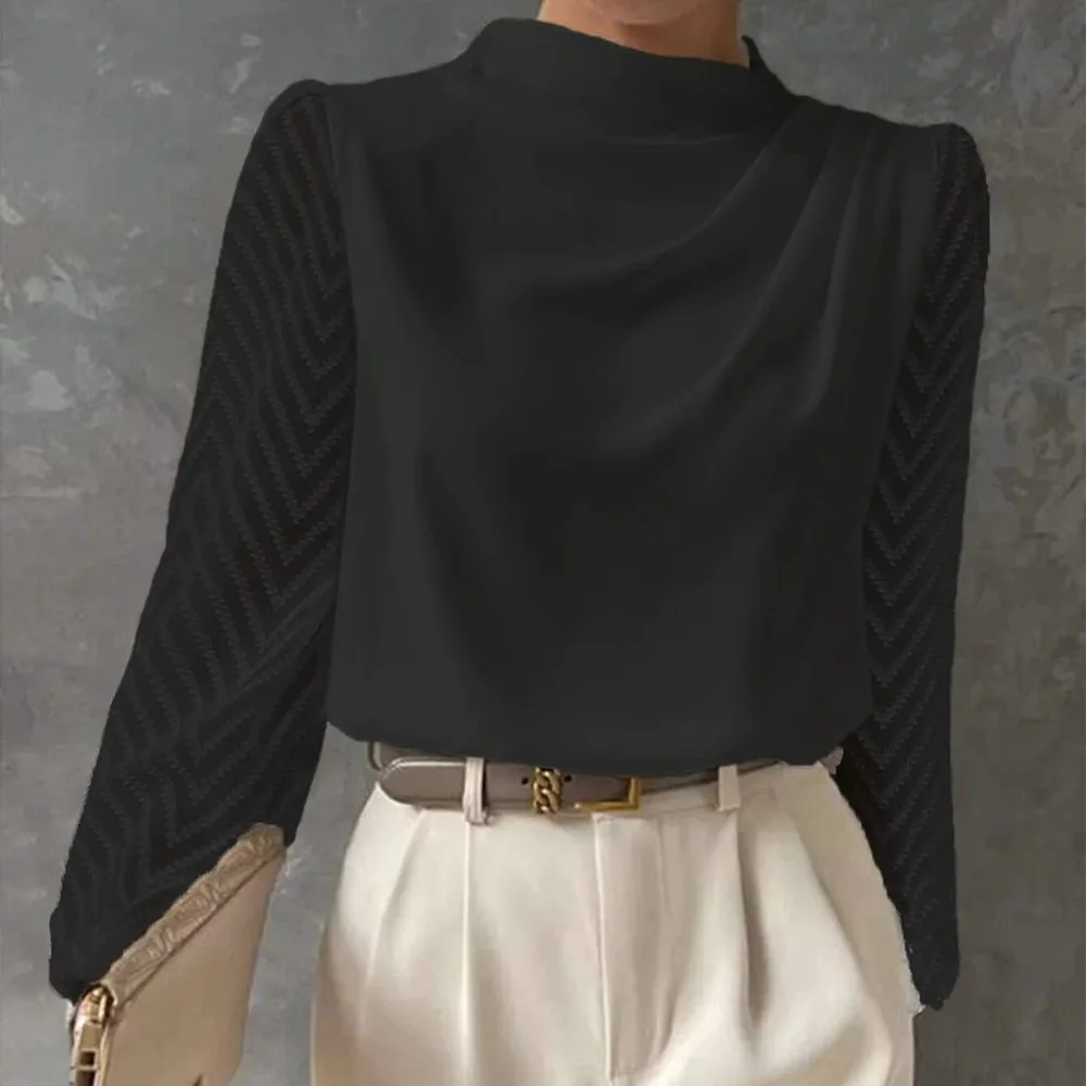 Dames Shirt Mode Wit Chiffon Blouse Lente Herfst Kant Lange Mouw Vouwen Losse Zwarte Tops Kantoor Elegante Kleding