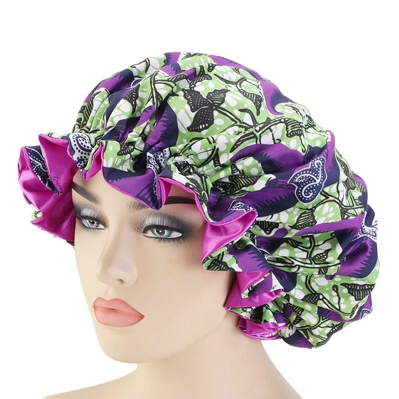 Extra Large Size Hair Caps African Pattern Satin Bonnet Big Wave Brim Night Sleep Cap Women Flower Turban Hair Styling Tool