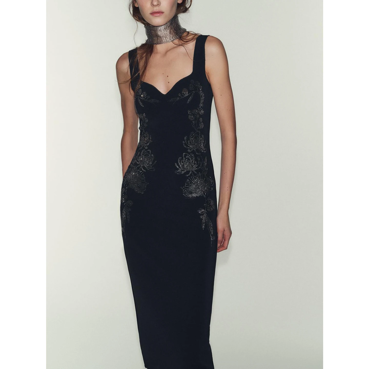 Zimowa Nowa Damska Świąteczna Spódnica Midi z Dekoltem w Serek, Szerokimi Ramiączkami, Elastyczna, Poliestrowa, Wysoce Rozciągliwa, w Kształcie Litery A