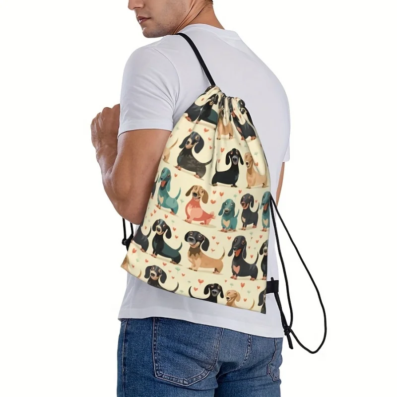 Cute Dachshund Print Drawstring Backpack, Casual Style, Ideal for Fitness, Gym, Yoga, Swimming, Travel, and Shopping ﻿