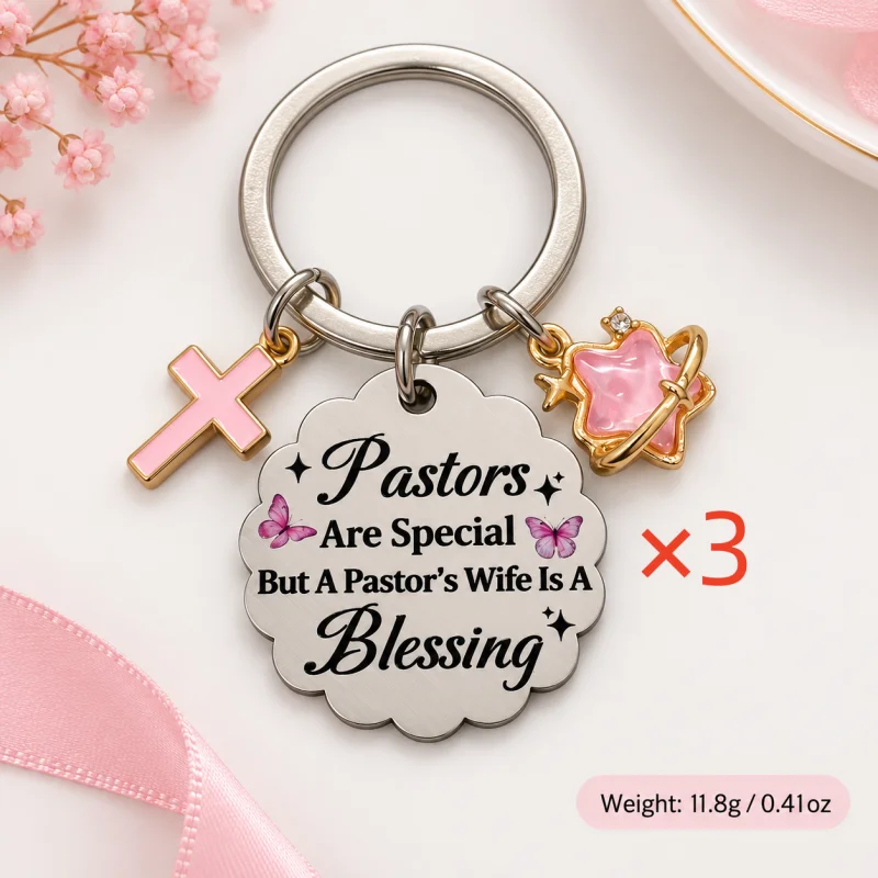 Pastor's Wife Blessing Keychain Pink Cross Star Charm Appreciation Gift