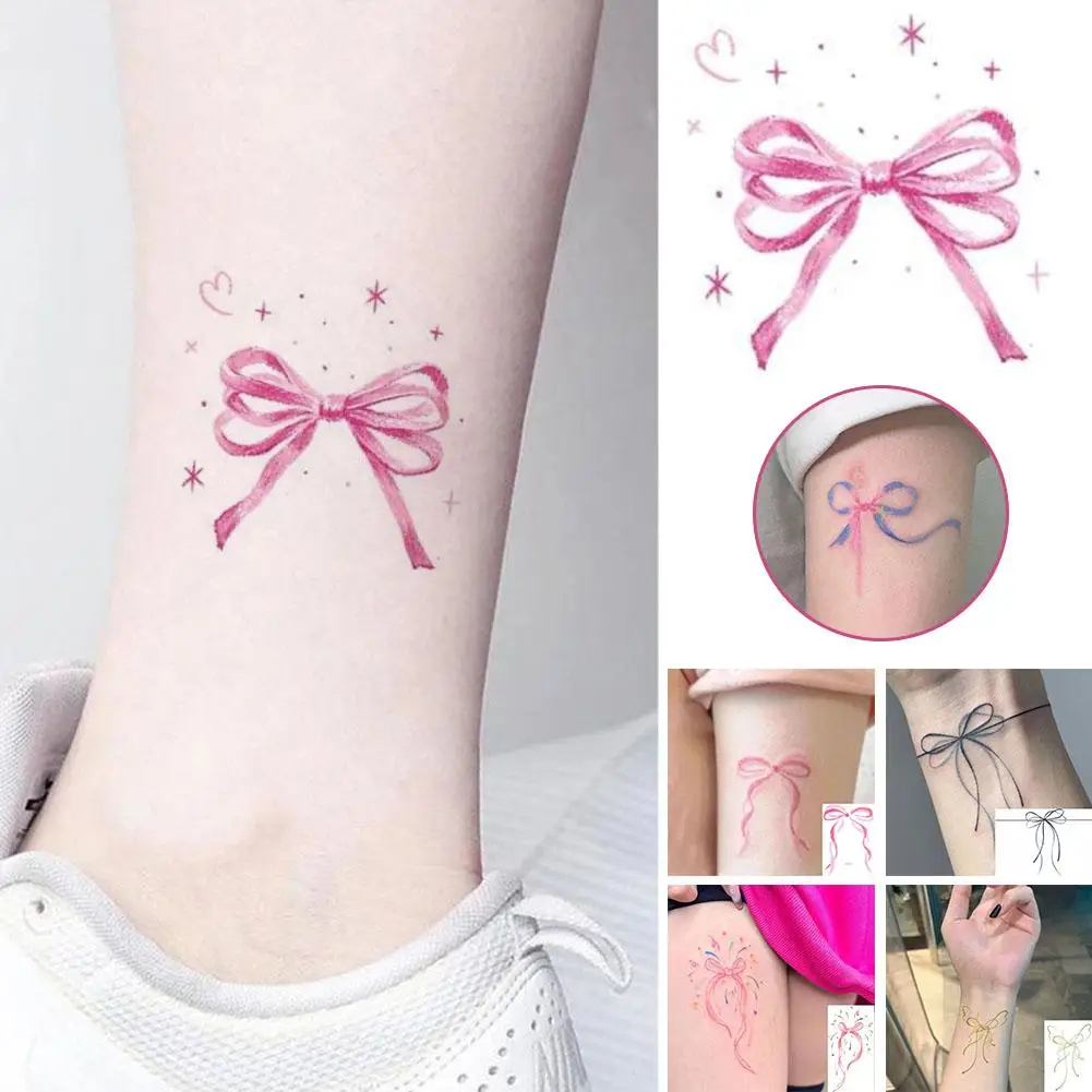 NEW High-end Pink Bowknot Temporary Tattoo Arm Art Lasting Fake Tattoo For Woman New Design Water Transfer Waterproof Fake J1R4