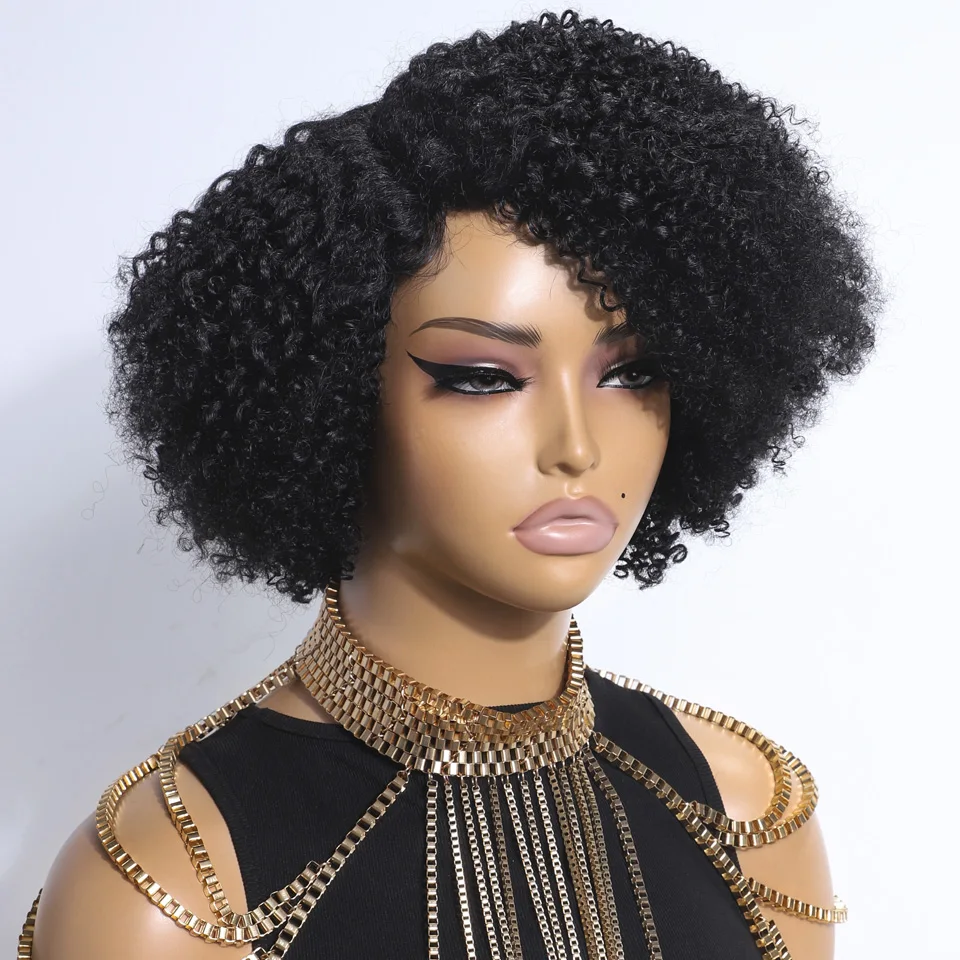 Lekker Wig rambut manusia renda bagian sisi Bob keriting potongan Pixie pendek untuk wanita rambut Remy Brasil siap dipakai gelap alami 10"