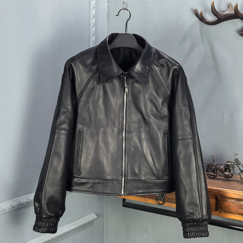 

Новая женская модная кожаная куртка из натуральной овчины Haining Spring 2026 с короткой молнией и отложным воротником, маленький размер