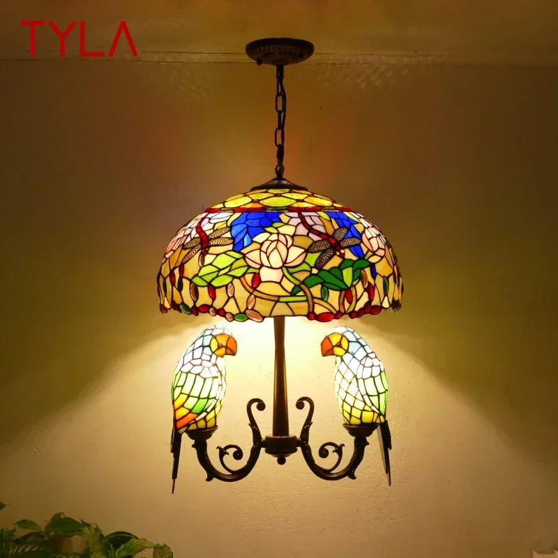 TYLA Tiffany Parrot Chandelier Vintage Creative Color Glass Living Room restaurant Bedroom Hotel Corridor Pendant Lamp