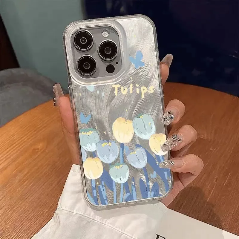 Etui na telefon Ins Blue and yellow tulips do iPhone 16Pro Max 15 14 13 12 11 XR XS Max 78 Y2K Feather gauzeMiękkie etui na telefon chroniące przed