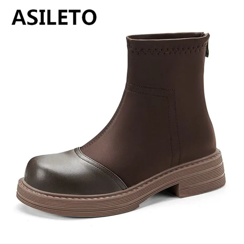 

ASILETO Luxury 2024 New Splice Women Ankle Boots Round Toe Thick Heel 4cm Zipper Plus Size 41 42 43 Vintage Casual Daily Booty