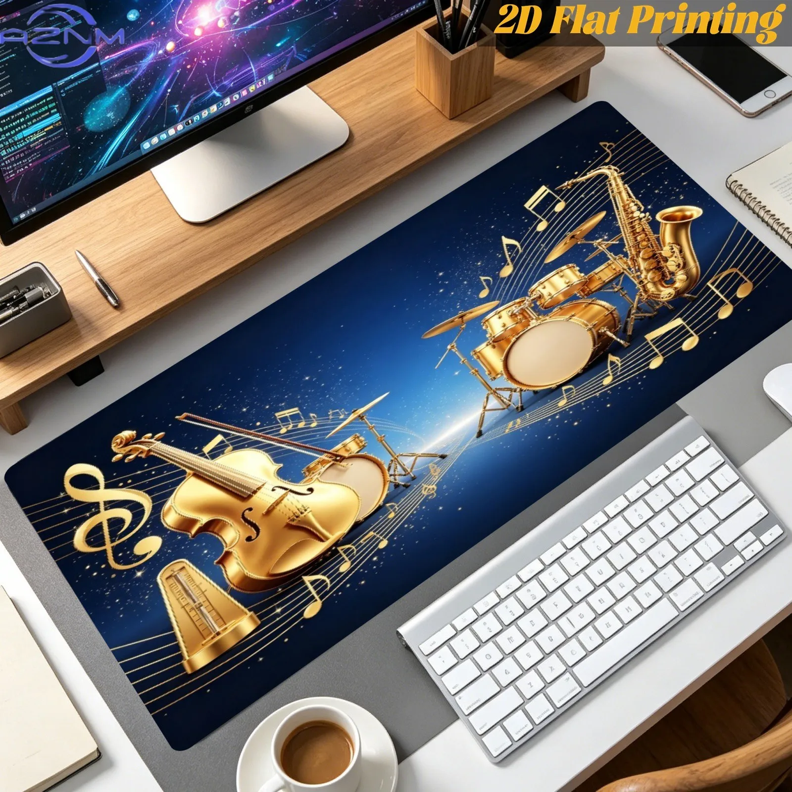 1pc Golden Classic Instruments Violin Saxophone Drums Clef 2D Printed Mouse Pad | Desk Accessory for Office Work Home Study, Gre
