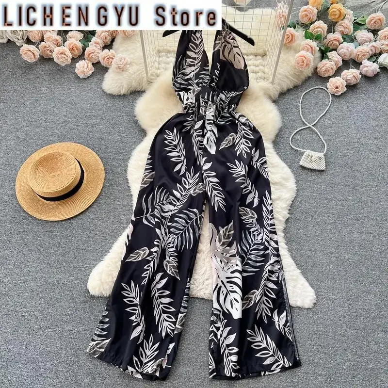 New Elegant Style Chic Jumpsuit Women Print Halter Contrast Color Backless High Waist Jumpsuits Winter Spring