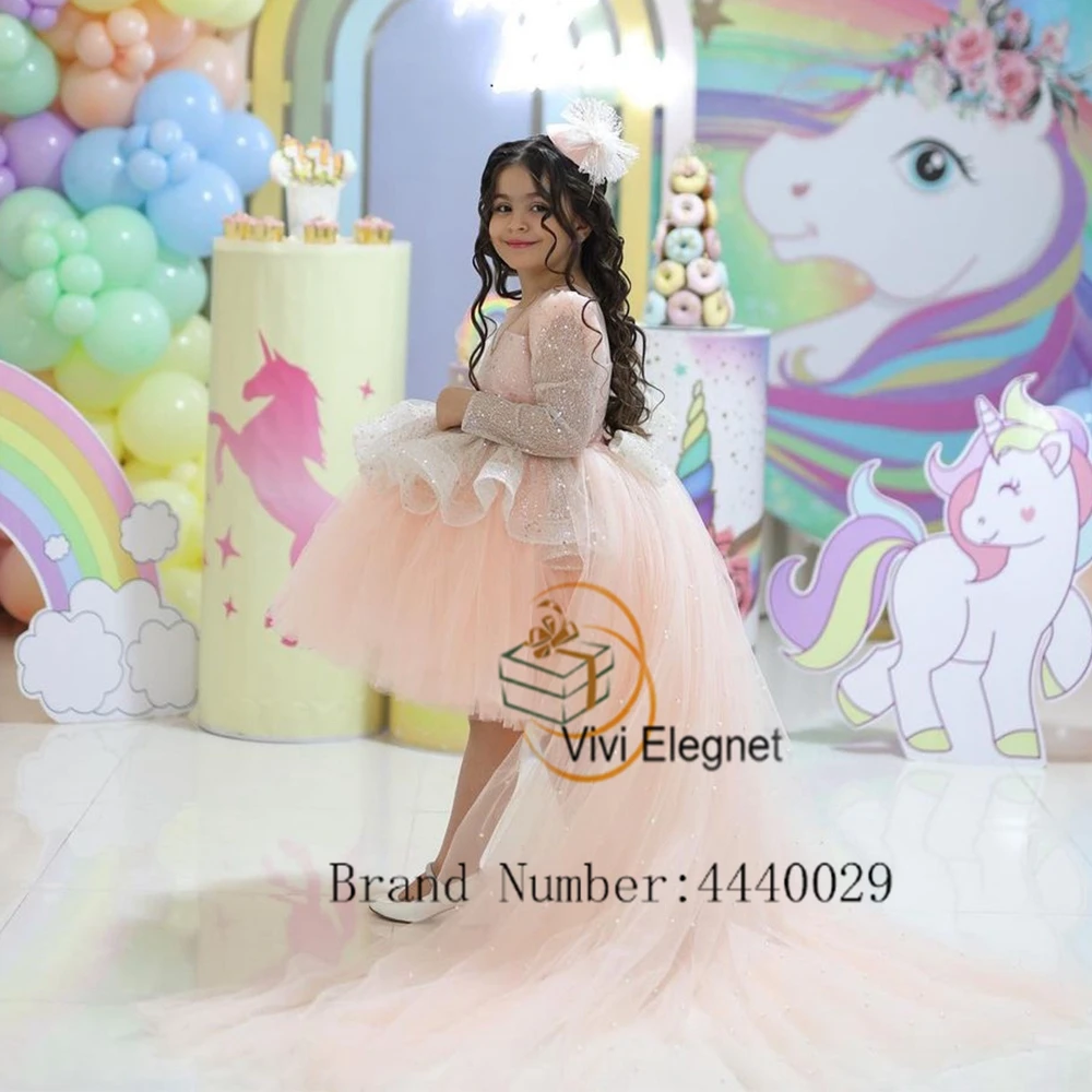 Charming Full Sleeve Flower Girl Dresses 2023 Summer Sequind Tiered Pink Wedding Party Gowns with Sequined  Scoop فساتين اطفال ل