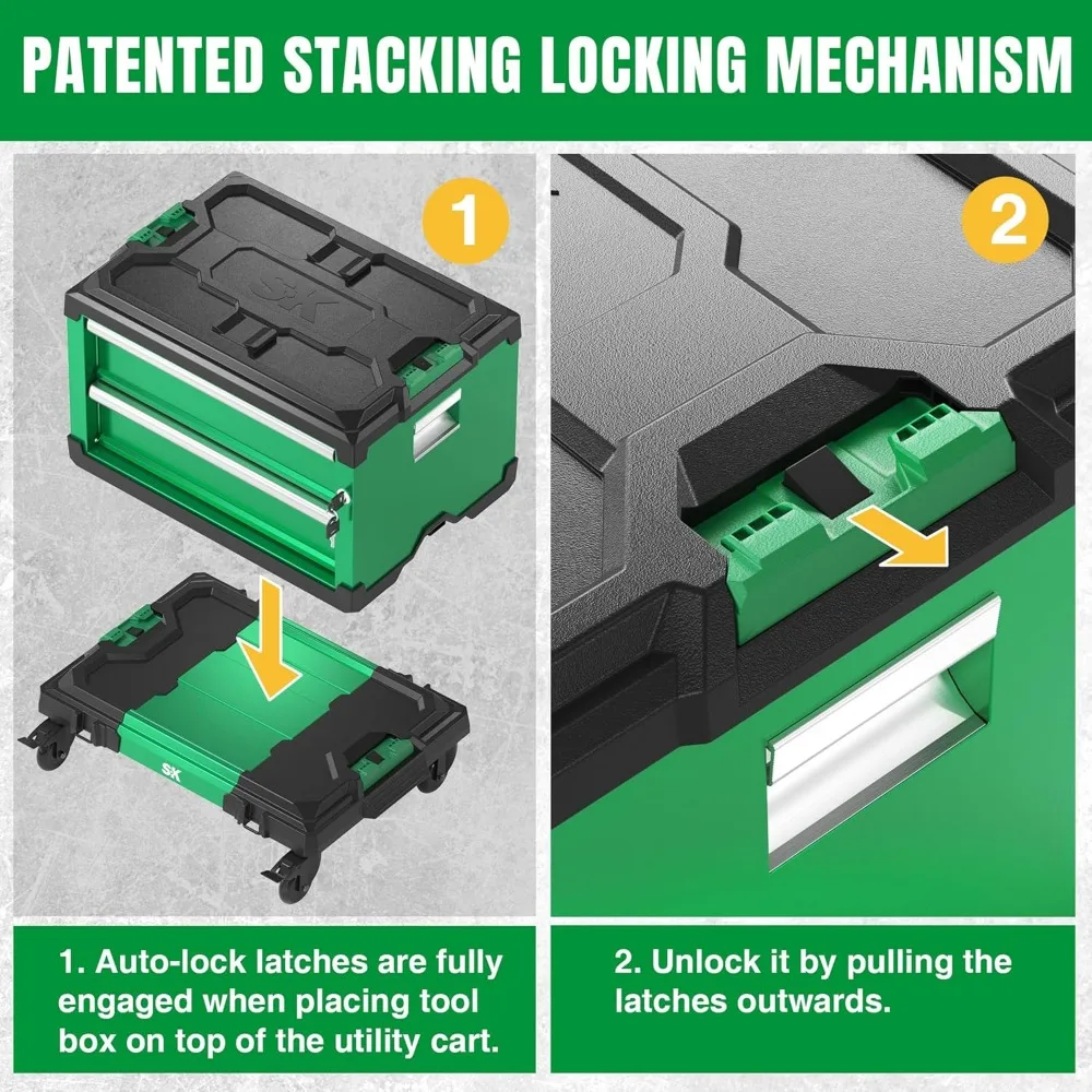 Sk modularer stapelbarer Aufbewahrung werkzeug kasten, 20,5 Zoll, 2-Schubladen-Stahlkasten, patentierter Auto-Lock-Mechanismus, hält bis zu 60