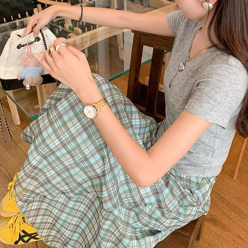 

French Style Gentle Plaid Midi Skirts Spring Autumn Aura High Waist Women's Clothing Vintage A-Line Fashion Bow Commute Skirts