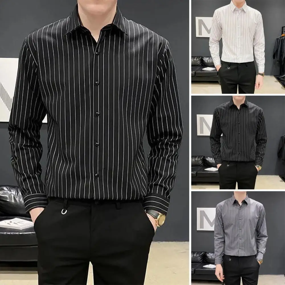 Men's Pattern Long Sleeved Business Casual Shirt Street Fashion Social Comfortable Single Breasted Lapel Shirt Mid Length Top