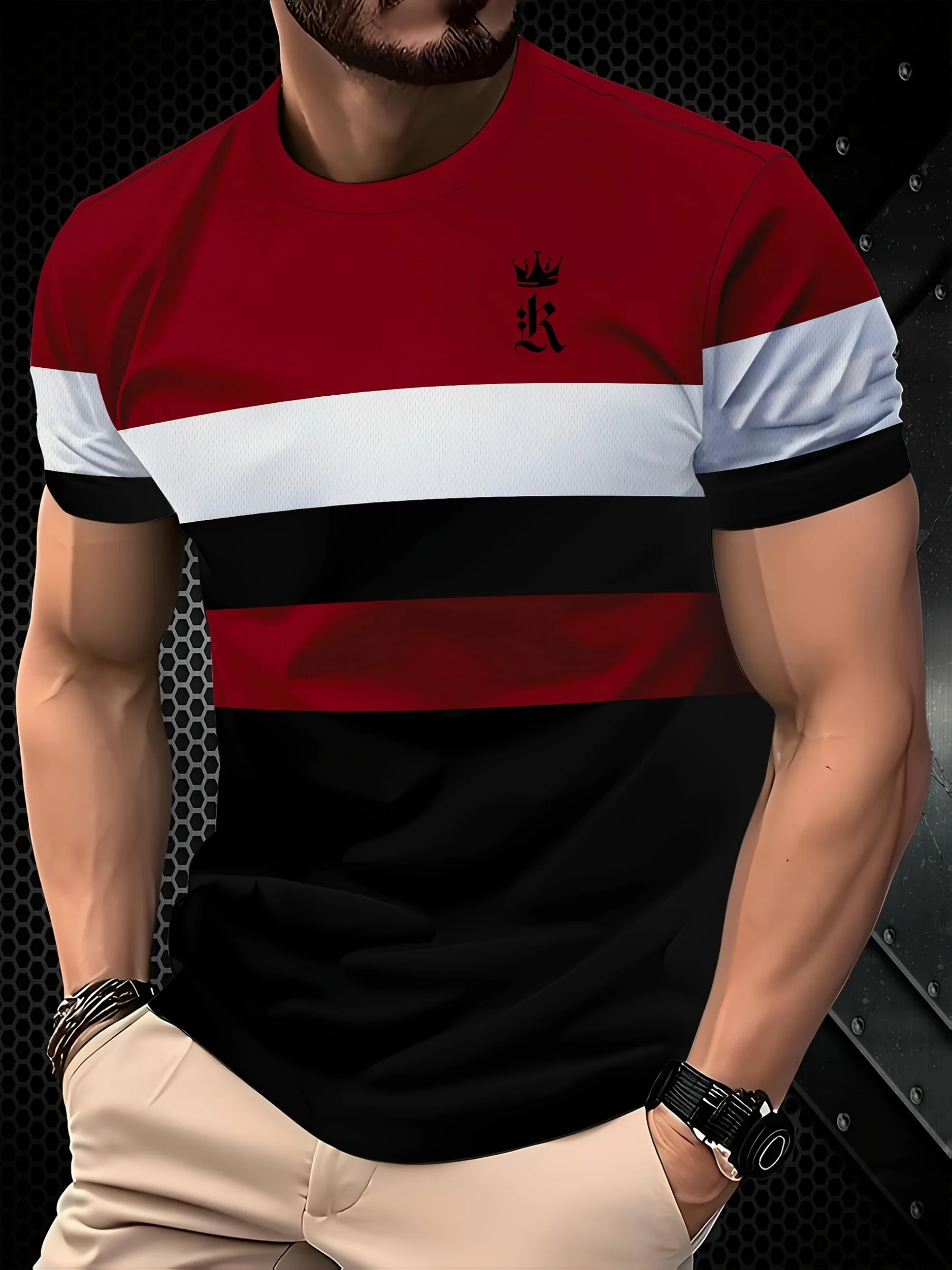 Men Red White Black Horizontal Stripe Crown Logo Short Sleeve Crew Neck Casual T‑Shirt