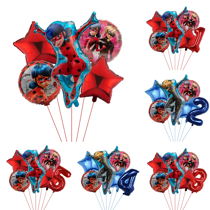 5pcs Ladybug Girl Theme Party Balloons Decors 32‘’ Number Black Cat Hero Baby Shower Birthday Party Decorations Supplies Globos