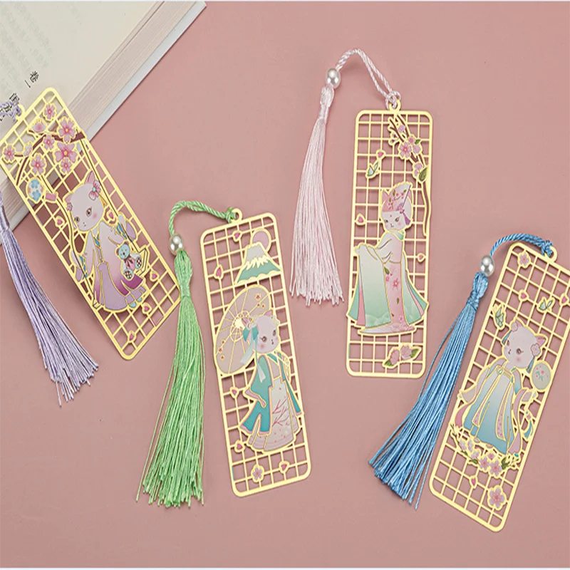 Color Metal Bookmark Hanfu Cat Square Bookmark Copper Gift Student Stationery Tassel Pendant MXSQ025