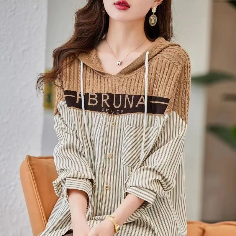 2023 Autumn and Winter Women's Pullover Hooded Button Lace Striped Shirt Sweater Loose Fashion Casual Two Piece Long Sleeve Tops