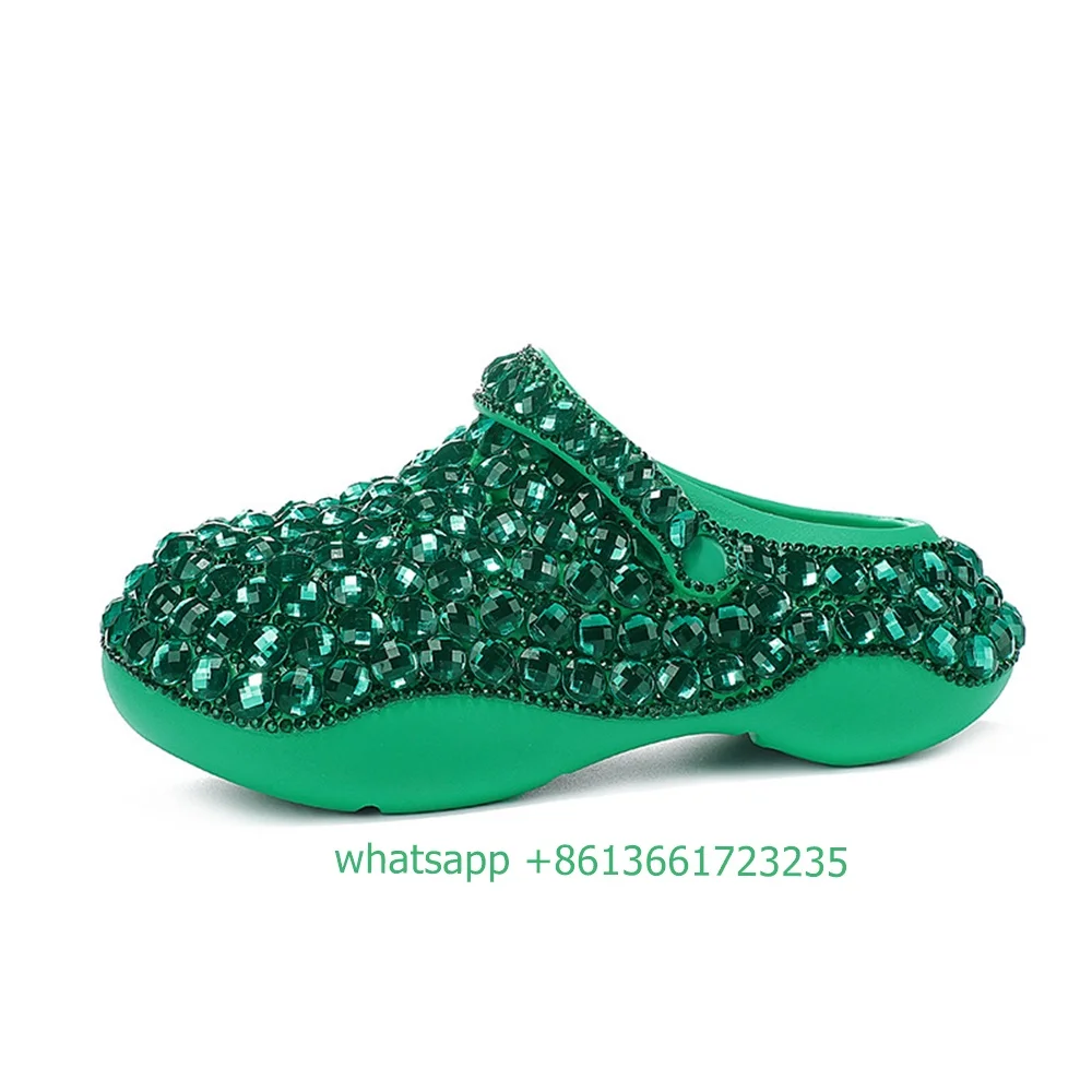 Crystal Shiny Women Slippers Flat Heel Platform Sandals Colored Rhinestone Bling Bling Shoes Women Fashion Rubber Slides Green