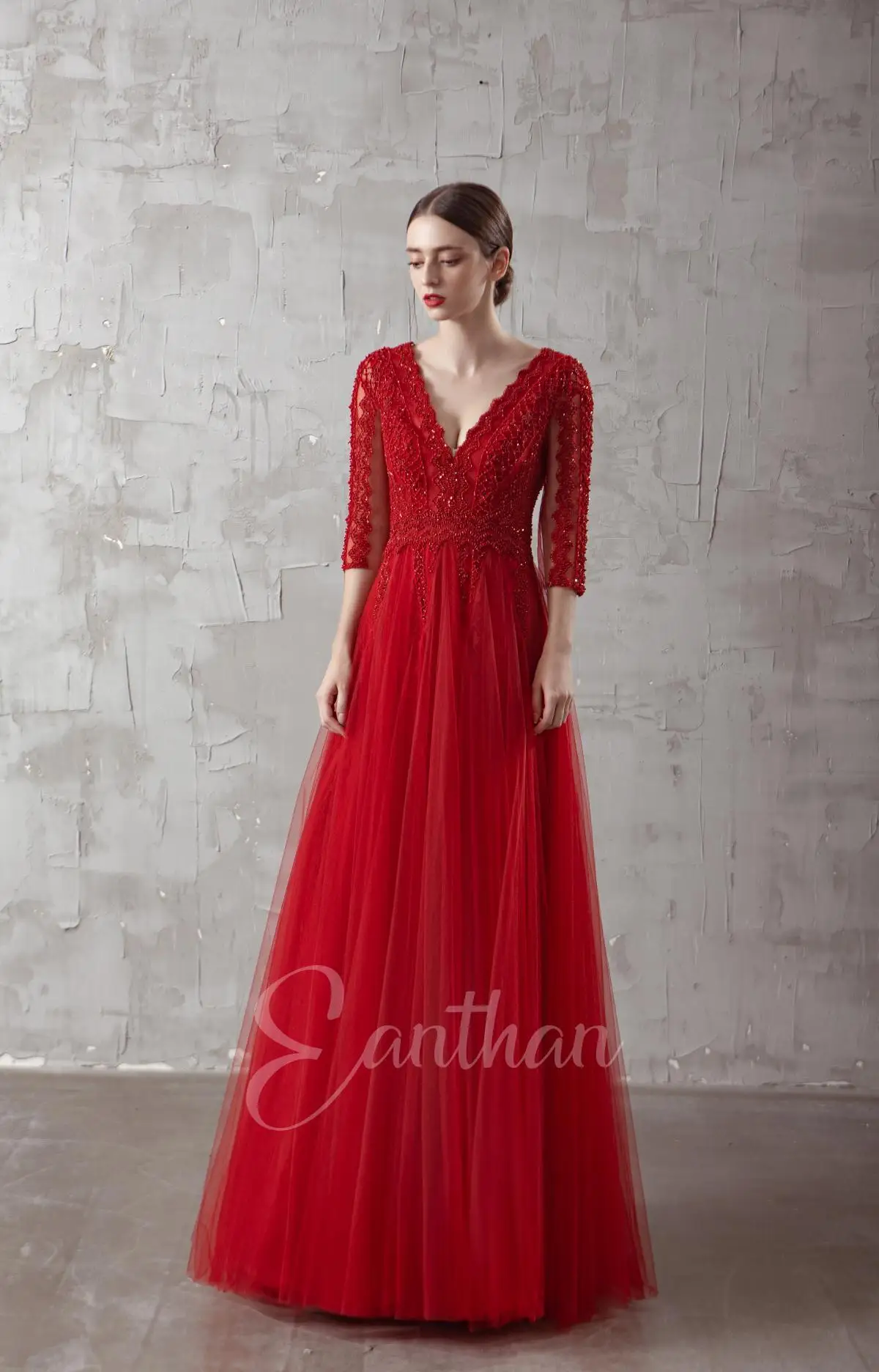 Real Pics-Robe de soirée en dentelle rouge, manches longues, col en V, dos en V, perles à la main, robe de cocktail, robe de soirée éducative, quelle que soit la longue