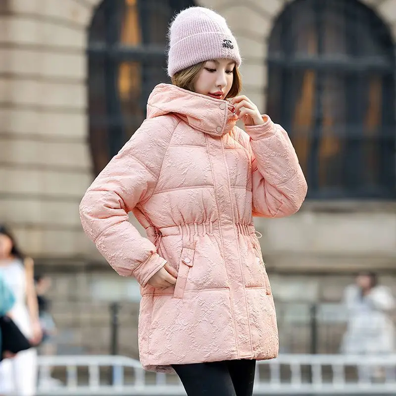 2024 de comprimento médio para baixo jaqueta acolchoada feminina nova moda inverno com capuz zíper grosso roupas de algodão quente feminino solto outerwear t651