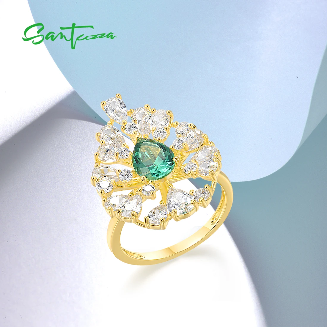 SANTUZZA Authentic 925 Sterling Silver Ring For Women Sparkling Green Spinel White CZ Cluster Luxury Wedding Party Fine Jewelry